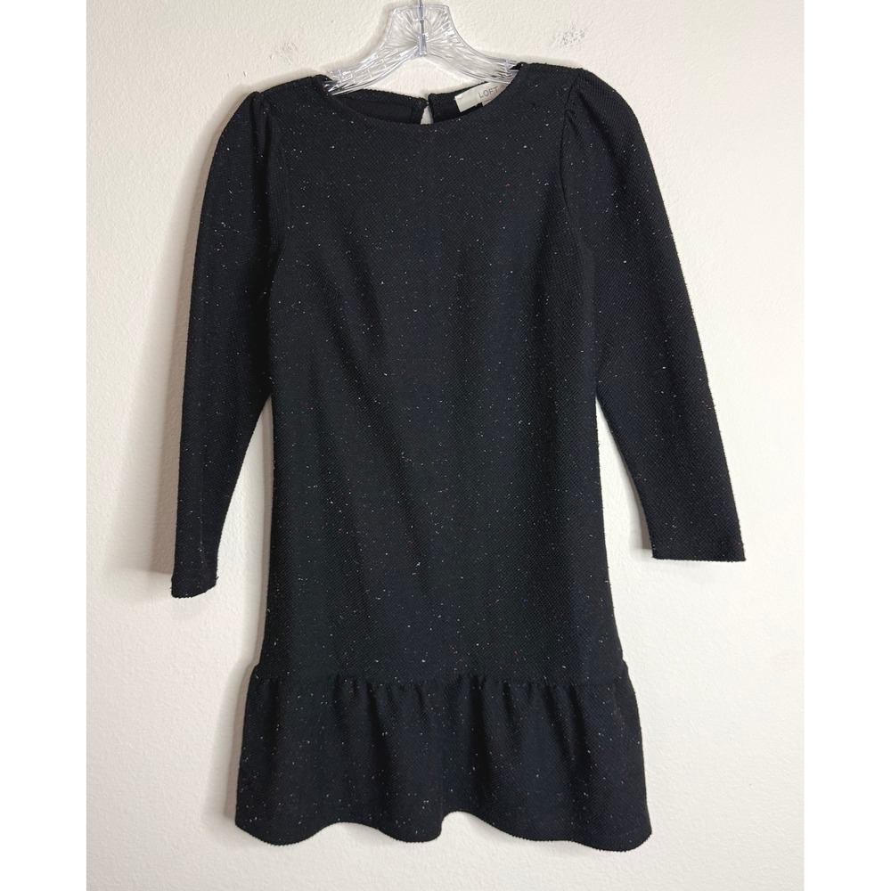 LOFT Dress Women XXSP Black Confetti Fleck Textured Knit Ruffle Hem Long Sleeve